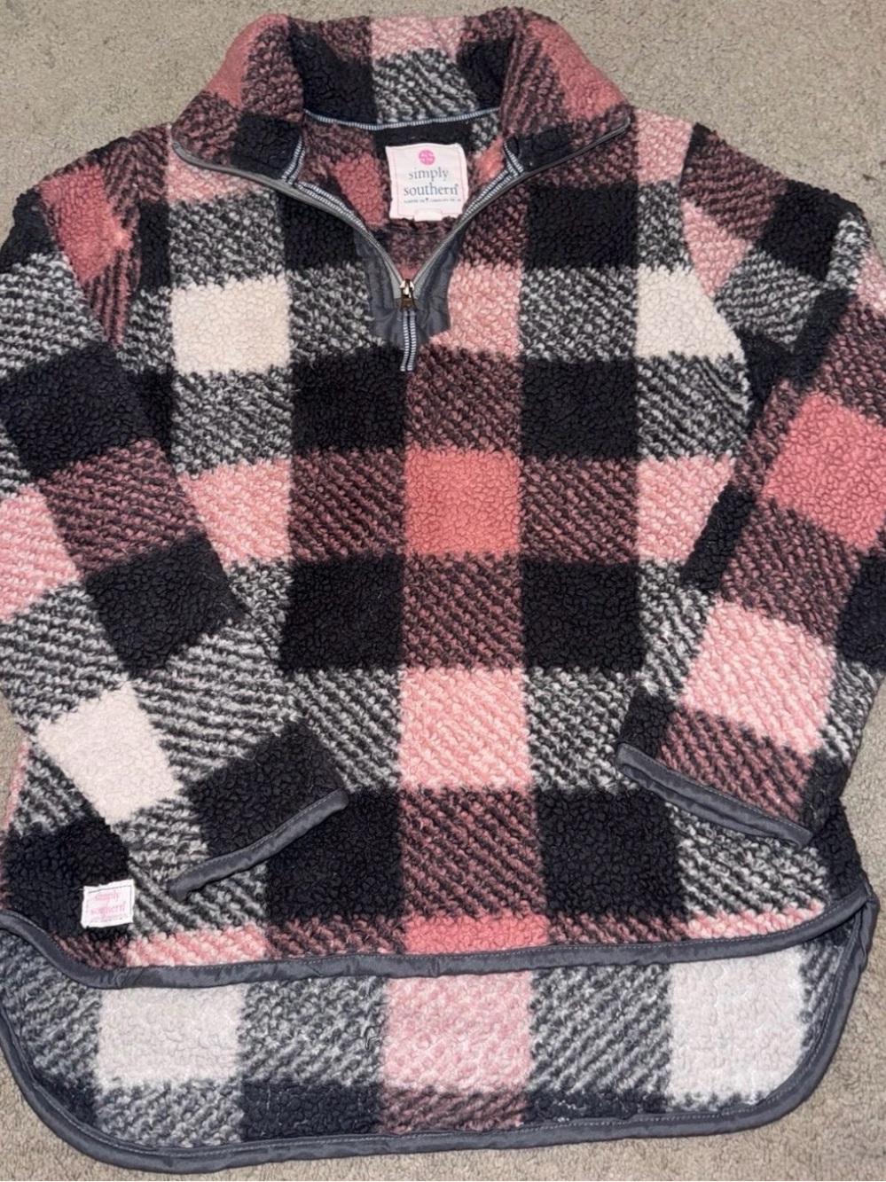 Simply Southern Pink Plaid Sherpa Quarter Zip Pullover